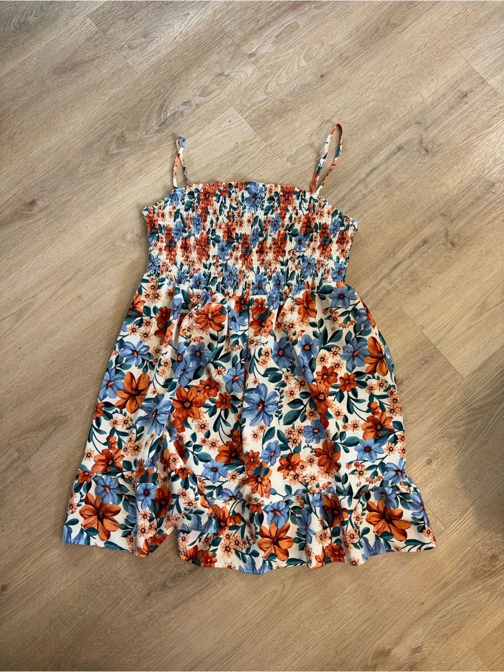 Floral Smocked Sundress with Blue and Orange Flowers